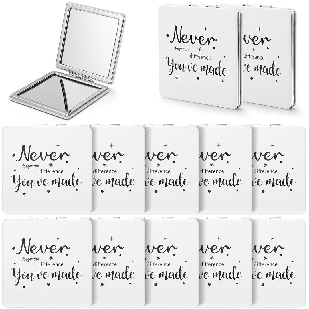 Qunclay 12 Pcs Mini Compact Mirrors Bulk Inspirational Appreciation Mirror Gifts Portable Square Pocket Mirrors for Women Mother's Day Coworker Church Party Favors(White, Never Forget)