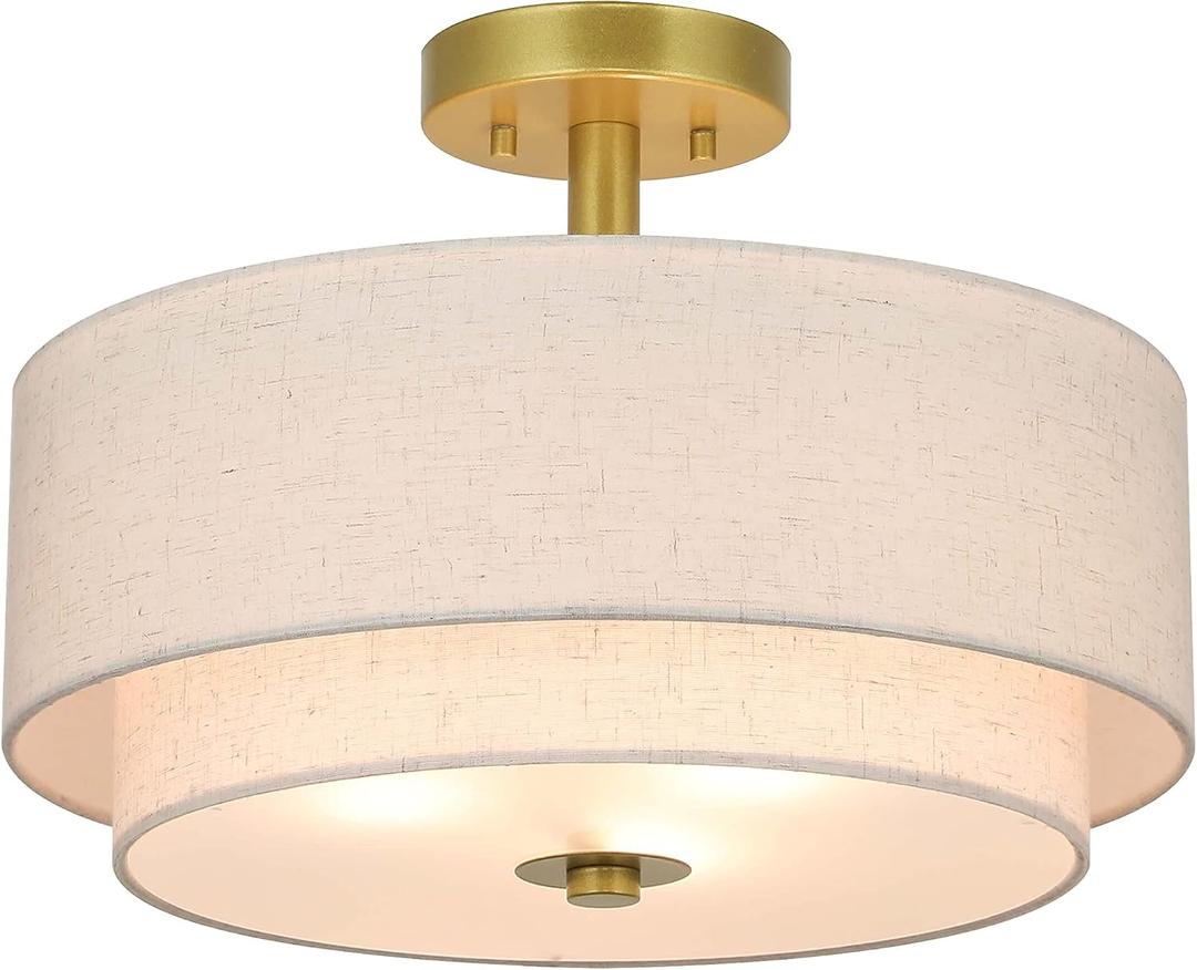 XiNBEi Lighting 3 Light Semi Flush Mount Light, Close to Ceiling Light Fixture with Fabric Shade Retro Gold Brass 16 inch Semi Flush Drum Light for Bedroom & Living Room XB-SF1289-GB