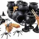 ROYHOO 48PCS Halloween Mini Witch Cauldron Set- 12 Pack Small Plastic Black Candy Cauldron with Spider, Broom, Witch Hat for Halloween Dollhouse Craft Accessories Table Decoration Supply
