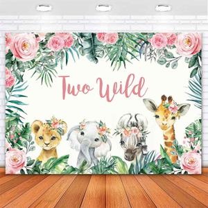 Two Wild Birthday Backdrop for Girl Jungle Safari Animals 2nd Birthday Party Decorations Pink Floral Palm Leaves Photo Background for Wild Two Party Cake Table Banner Supplies 7x5ft