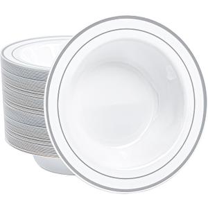 100pc Deep Bowl With White Background And Double Silver Edges, 12oz,Disposable Soup Bowls,Disposable Soup Dessert Salad Bowls for Wedding/Party/Catered Events