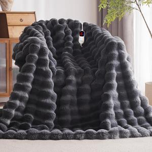 Heated Blanket Queen Size with 1/2/4/6/8 Hours Auto-Off 10 Heat Level, 72'' * 84'' Cozy Faux Rabbit Fur Bubble Electric Blanket with Overheat Protection (Dark Grey)