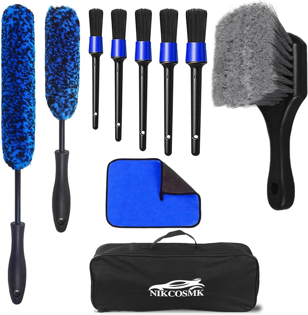 NIKCOSMK 10Pcs Wheel Brush Kit for Cleaning Wheel and Tire, Wheel and Rim Brush, Car Detailing Brushes, Tire Brush, Bendable & Durable Car Wheel Rim Cleaner Brush Set,Car Cleaning Brush Supplies Kit (Blue)