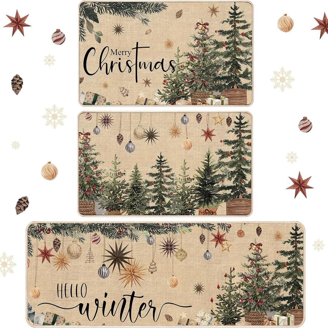 3 Pcs Christmas Kitchen Rug and Mats Beige Winter Kitchen Floor Mat Anti Fatigue Non Slip Xmas Tree Doormat Neutral Modern Christmas Decor for Home Office Bathroom Party Farmhouse Decor
