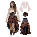 Verceco Pirate Costume Women Outfit with Renaissance Pirate Shirt Skirt Corset Waist Belt Women's Halloween Pirate Costumes (Beige+Brown, L)