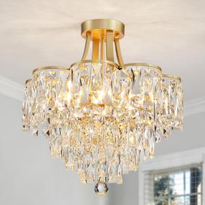 WUZUPS Crystal Chandelier Semi-Flushmount Ceiling Light Modern Lighting Fixture for Bedroom Hallway Entry Kitchen Bathroom, H 19.3" x W 18.3", E12 Base, Gold