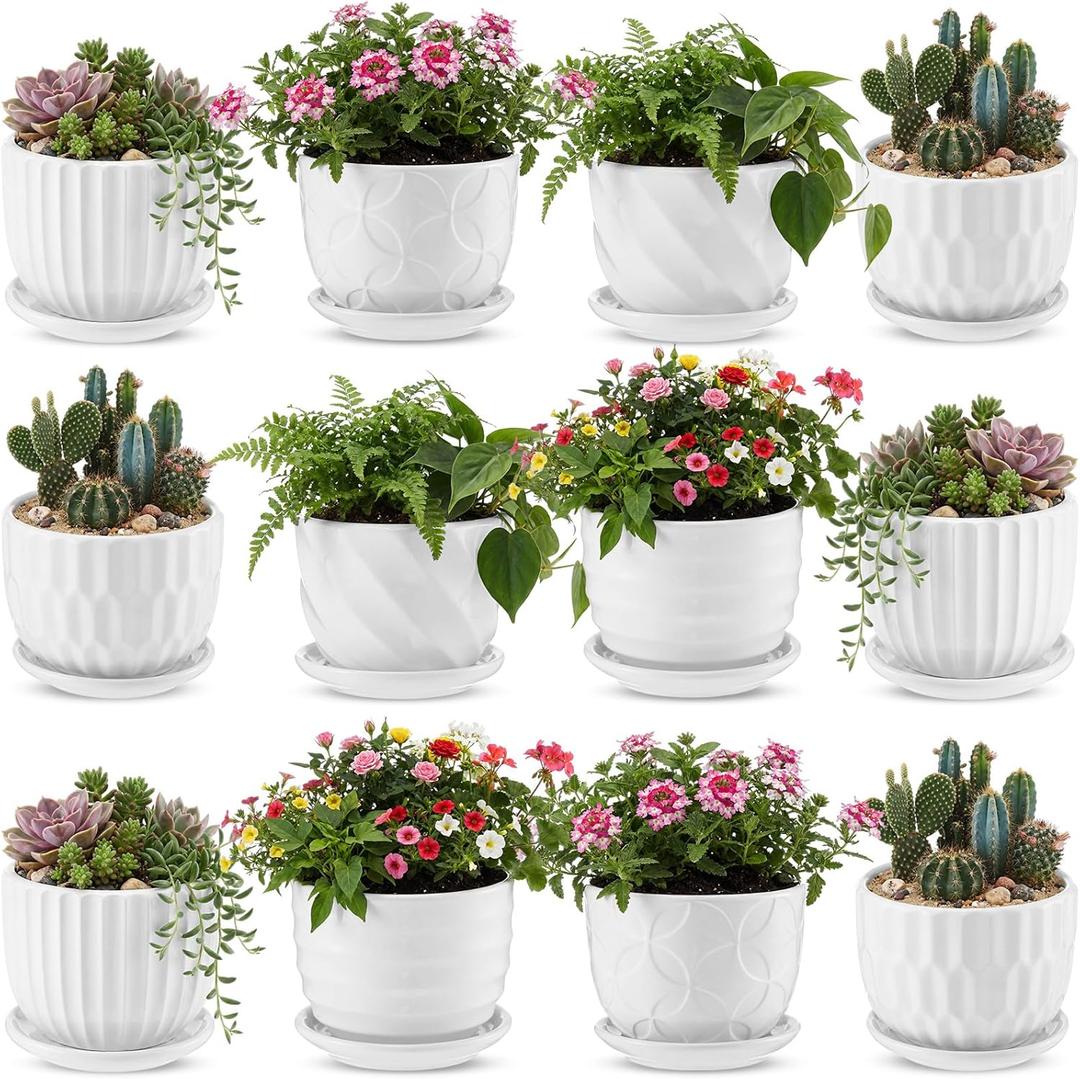 Maxdot 12 Set 4 Inch Ceramic Pots for Plants White Flower Pots with Drainage Holes Saucer Flower Planter for Indoor Outdoor Gardening Home Desktop Office Windowsill Decor