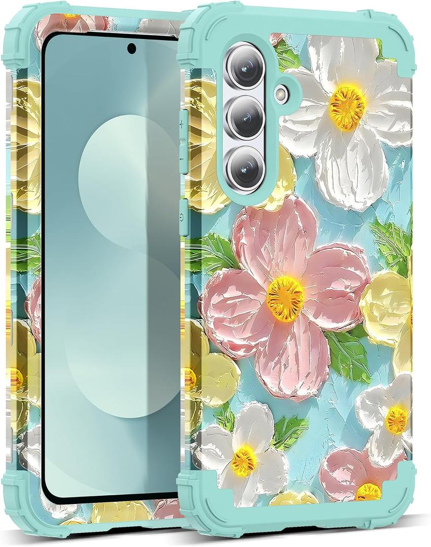 Compatible with Galaxy S25 FE Case,3 in 1 Oil Painting Flower Pattern Heavy Duty Shockproof Protection Silicone Rubber Bumper+Hard PC Protective Cover for Samsung S25 FE 6.7",Green Flower