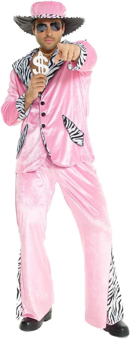 Morph Pink Pimp Costume For Men, 70s Suit, Halloween Outfit, Retro Costume (Large)