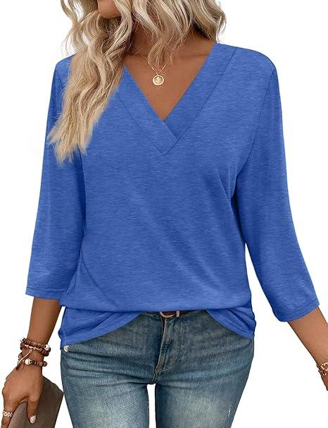 WIHOLL 3/4 Length Sleeve Womens Tops V Neck Casual Tunic Tops Basic Shirts Loose Fit Blouse (X-Large, B Lake Green)