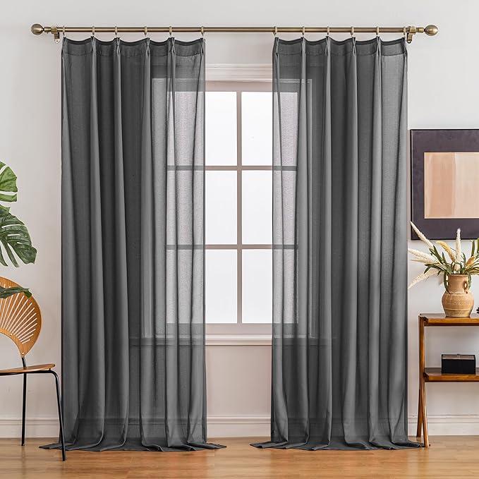 Pinch Pleated Sheer Curtains 96 Inch Length 2 Panels Set, Semi Voile Sheer Curtains for Bedroom Living Room Pinch Pleated Soft Touch Light Filtering Drapes(Gray, 42 W x 96 L, 2 Panels)