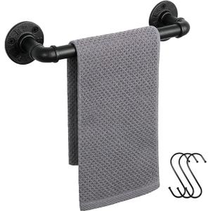 Industrial Pipe Towel Rack Towel Bar, Heavy Duty Wall Mounted Rustic Farmhouse Bath Towel Holder for Bathroom (Black, 12 inch)
