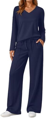 AUTOMET 2 Piece Lounge Sets for Womens Fashion Travel Sweatsuits with Wide Leg Pants Airport Track Basic Business Casual Outfits Clothes Navy L