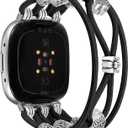 Beaded Bracelet Compatible with Fitbit Versa 4/Versa 3/Sense 2/Sense Bands Women, Boho Soft Elastic Stretchy Nylon Braided Strap Fancy Dressy Charms Wristband for Fitbit Smartwatch, S (Black)