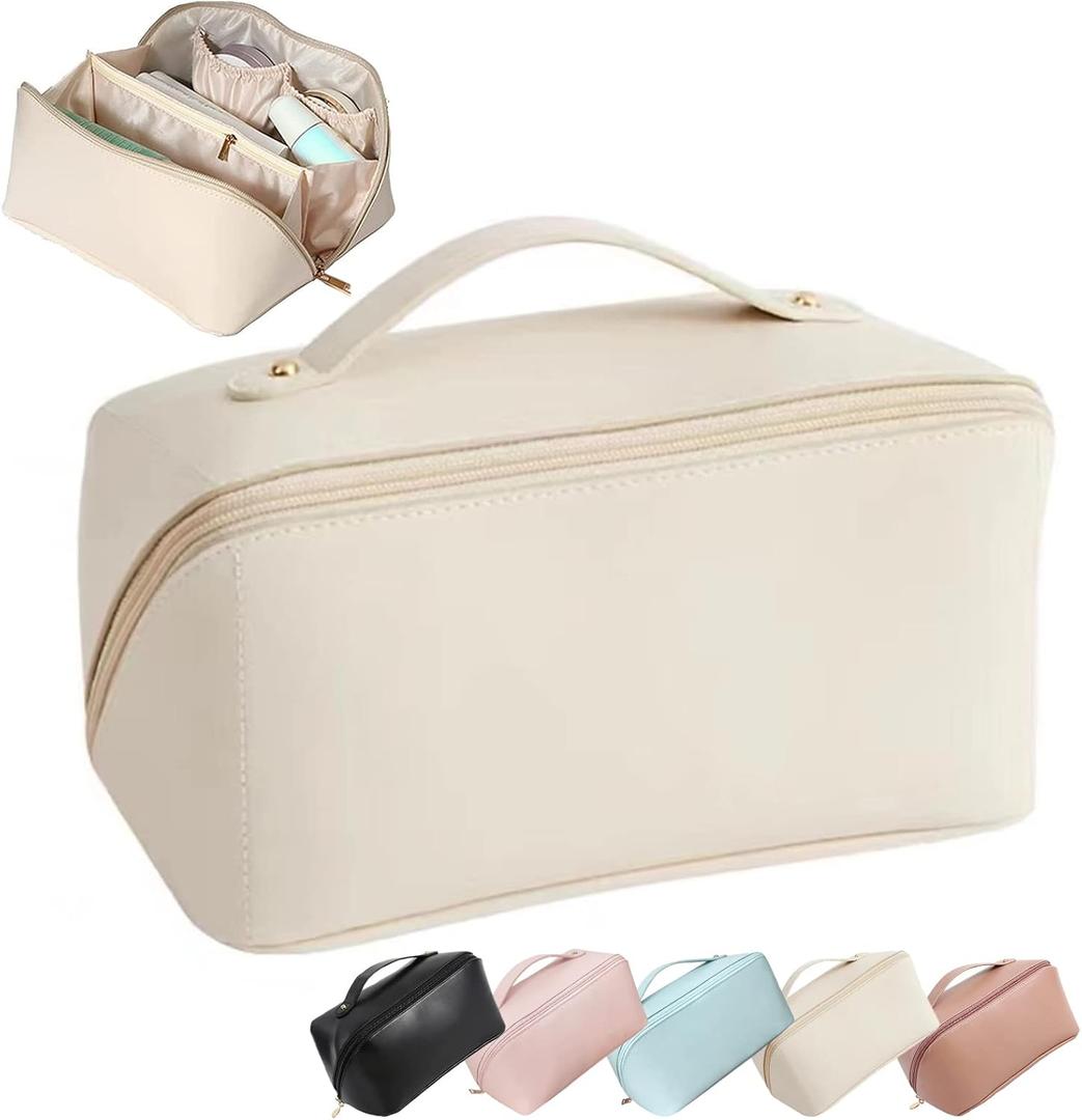 Travel Open Flat Makeup Bag, Large Capacity Travel Cosmetic Bag for Women, Portable Cosmetic Pouch PU Leather Waterproof Open Flat Travel Toiletry Bag Make up Organizer Bag with Divider and Handle
