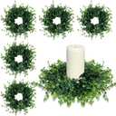 6 Pcs Mini Green Boxwood Candle Rings Wreaths Spring Summer Kitchen Cabinet Swags Wreath 3 Inch Wedding Rings Wreaths Pillar Candle Holder for Wedding Home Door Tabletop Decor