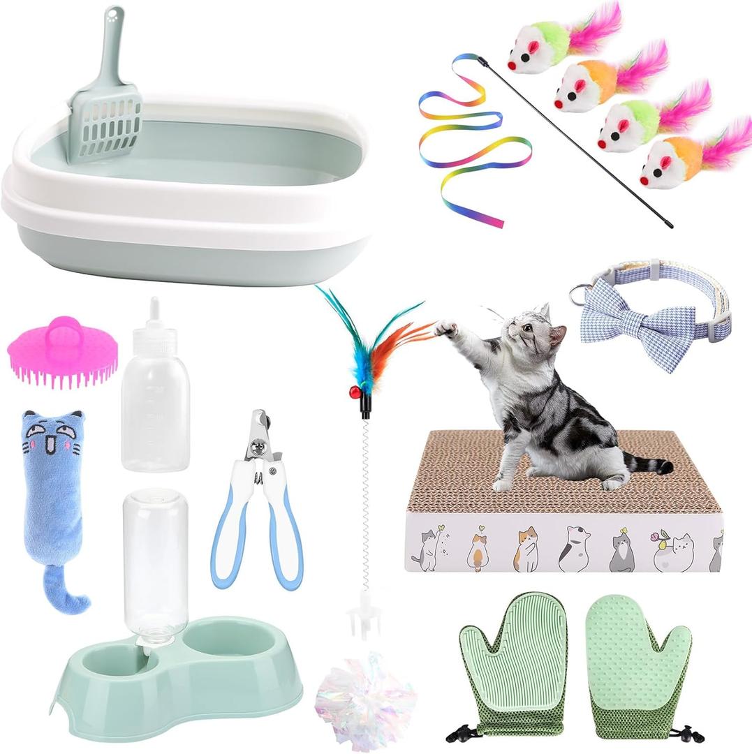 Kitten Starter Kit - 16 Pcs Cat Essentials Set Includes Litter Box, Toys, Collars, Scratch Pad, Nail File, Automatic Feed Bowls, Grooming Gloves (Blue, 16 Pcs)