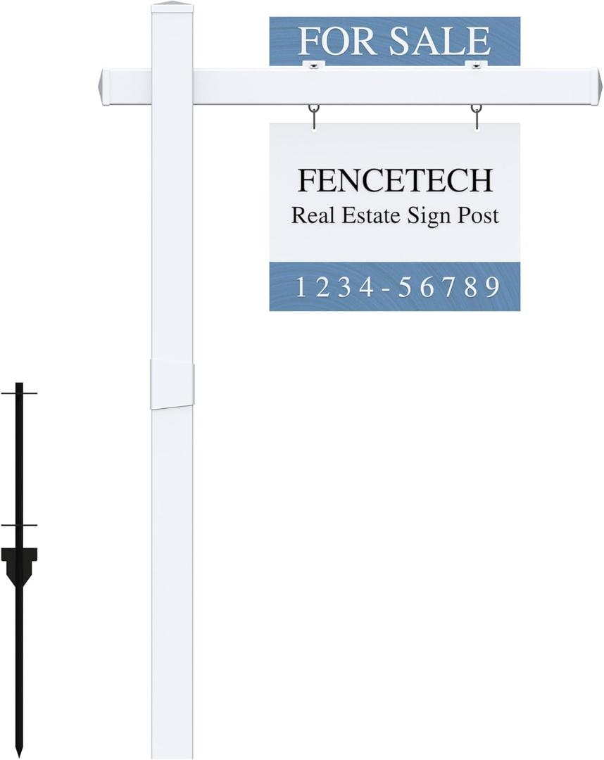 Vinyl PVC Real Estate Sign Post 6' Tall, Realtor Yard Sign Post (Connected type), 47" Arm Holds Up to 36" Sign - White (No Sign) (1)