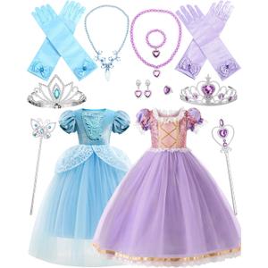 Mumufy Princess Dresses for Girls 2 Pcs Princess Dress up Costume Blue Purple Birthday Party Outfit for 3-6 Year Old Girls