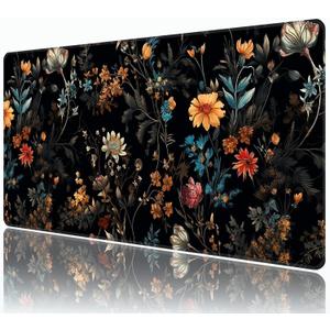 Dark Flower Mouse Pad,XXL 35.4"x15.7" Big Gaming Mousepad,Aesthetic Vintage Floral Large Extended Mouse Mat,Non-Slip Rubber Base Waterproof with Stitched Edges for Gaming Office Home
