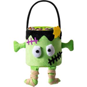 Halloween Trick or Treat Bag, Green Monster Plush Candy Tote Bucket Multipurpose Portable Collapsible Reusable Goody Bucket - Best Halloween Party choice