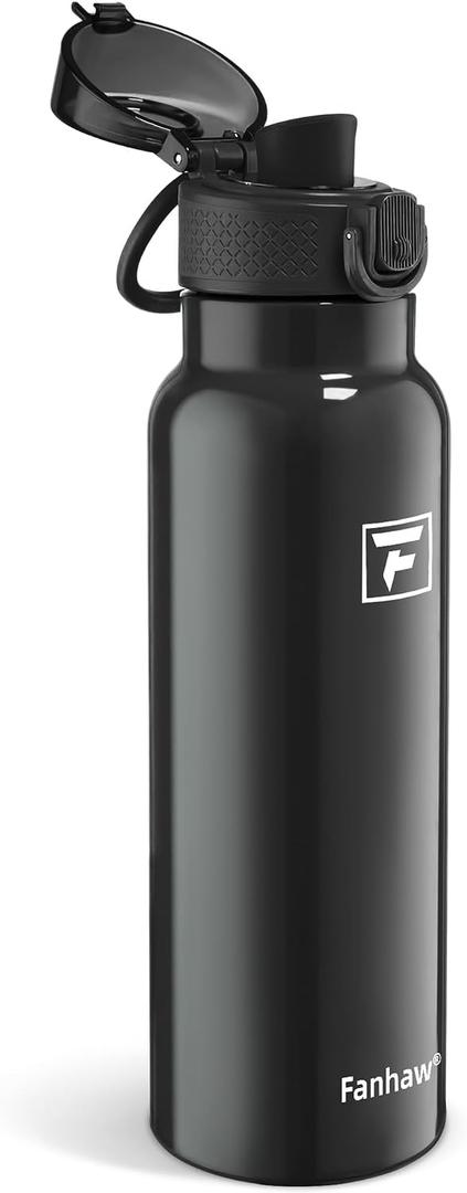 Fanhaw Daylite Series 24 oz Stainless Steel Insulated Water Bottle with Silicone Spout Lid, Double-Wall Vacuum Leakproof Metal Bottle, Anniversary Birthday Gift for Kids, Women & Men (Glossy Black)