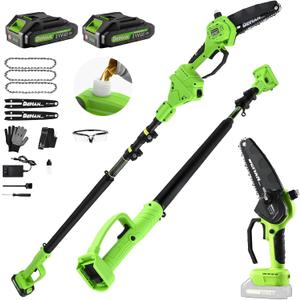 2 IN 1 Electric Pole Saw Brushless 21V Battery Chainsaw Cordless with Rotatable Pole 15FT Max Reach, Shoulder Strap, Powered Pole Saw for Tree Trimming and Wood Cutting Tool