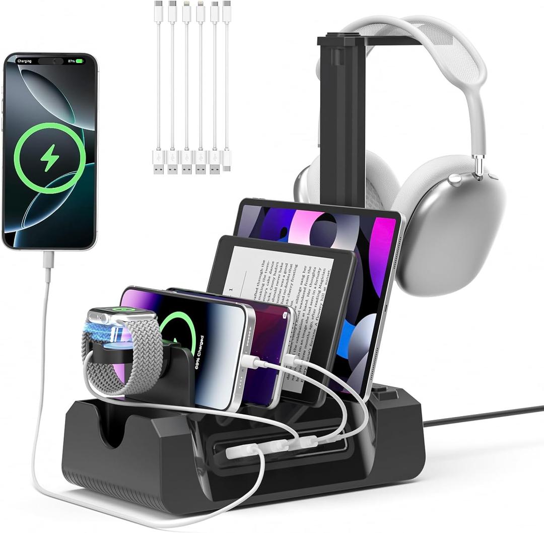 KDD Charging Station with 6 Charging Cables - Fast Charging 6 in 1 Cellphone Charging Dock with Headphone Stand and Watch Holder - 2 AC&USB A&USB C, Storage Station for Smartphone,Tablets, AppleWatch