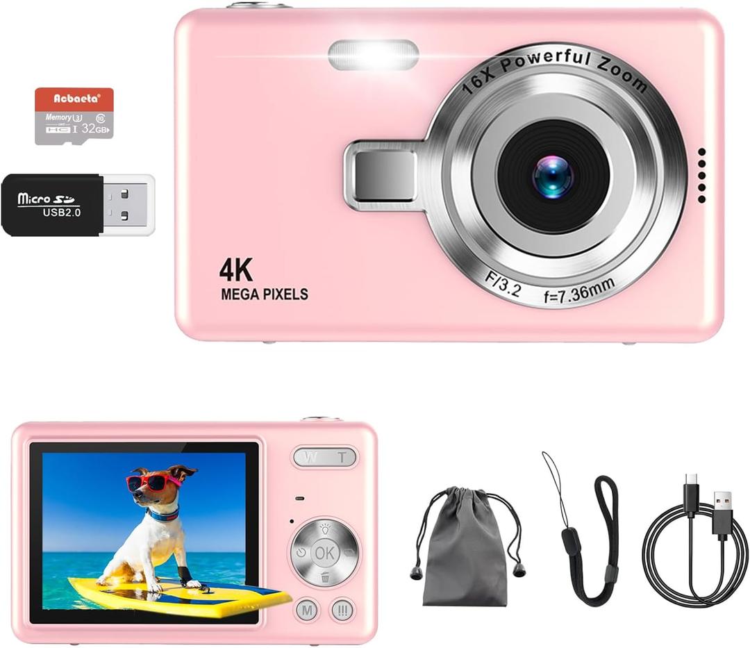 Digital Camera, Autofocus UHD 4K 50MP Vlogging Camera for Photography with 32GB SD Card, 16X Zoom, Anti-Shake, Portable YouTube Compact Point and Shoot Digital Cameras for Kids Teens Adult Beginner (Pink)