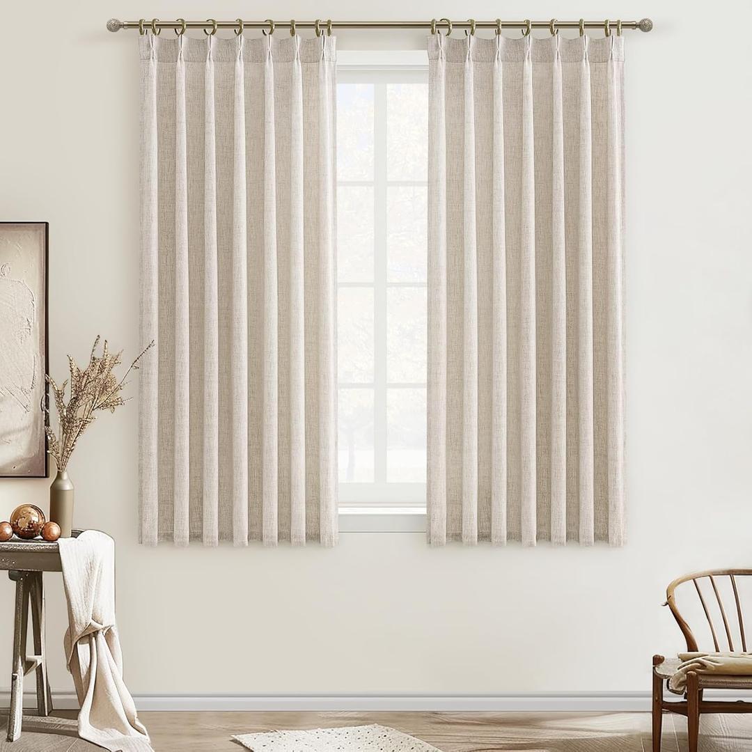 Natural Linen Mini Sheer Curtains 54 Inch Length for Small Kitchen Windows, Pinch Pleated Light Filtering Cream Boho Drapes Cottage Core Privacy Basement Curtain 2 Panels Set with Back Tab 40"W x 54"L