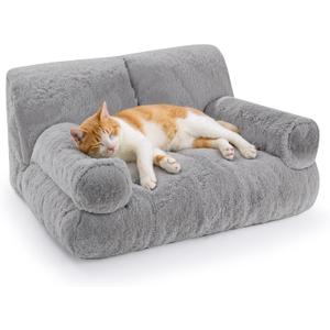 Gimars Upgrade Large Cat Bed for Indoor Cats -Added 10% More Stuff Sponge, Orthopedic Pet Couch Beds with Bolstered Edges, Fluffy Washable & Removable Cover, Anti Slip Base, Grey
