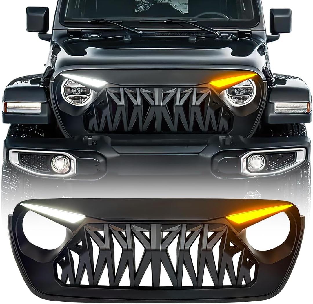Front Shark Grille Compatible with 2018-2025 Jeep Wrangler JL JLU Gladiator JT, w/DRL Turn Signal Lights, Matte Black