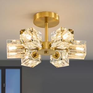 K9 Crystal Semi Flush Ceiling - Modern Gold 6 Lights Sputnik Ceiling Light Fixture - Brushed Brass Luxury Flushmount Chandelier for Dining Room Kitchen Living Room Bedroom Bathroom Entryway Foyer
