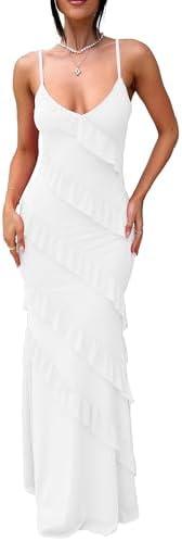 HOCILLE Women's Sexy V Neck Backless Bodycon Spaghetti Strap Elegant Ruffle Maxi Cocktail Party Dresses, XS