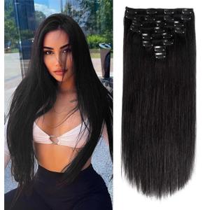 Straight Clip in Hair Extensions Real Human Hair 24 Inch Remy Human Hair for Women Double Weft Seamless Clip ins Brazilian Virgin Human Hair Extension 8Pcs 120g Natural Black