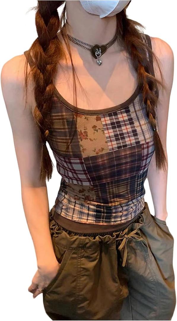 Women's Y2K Vintage Plaid Tank Tops Floral Patchwork Sleeveless Slim Fit Summer Top, XS