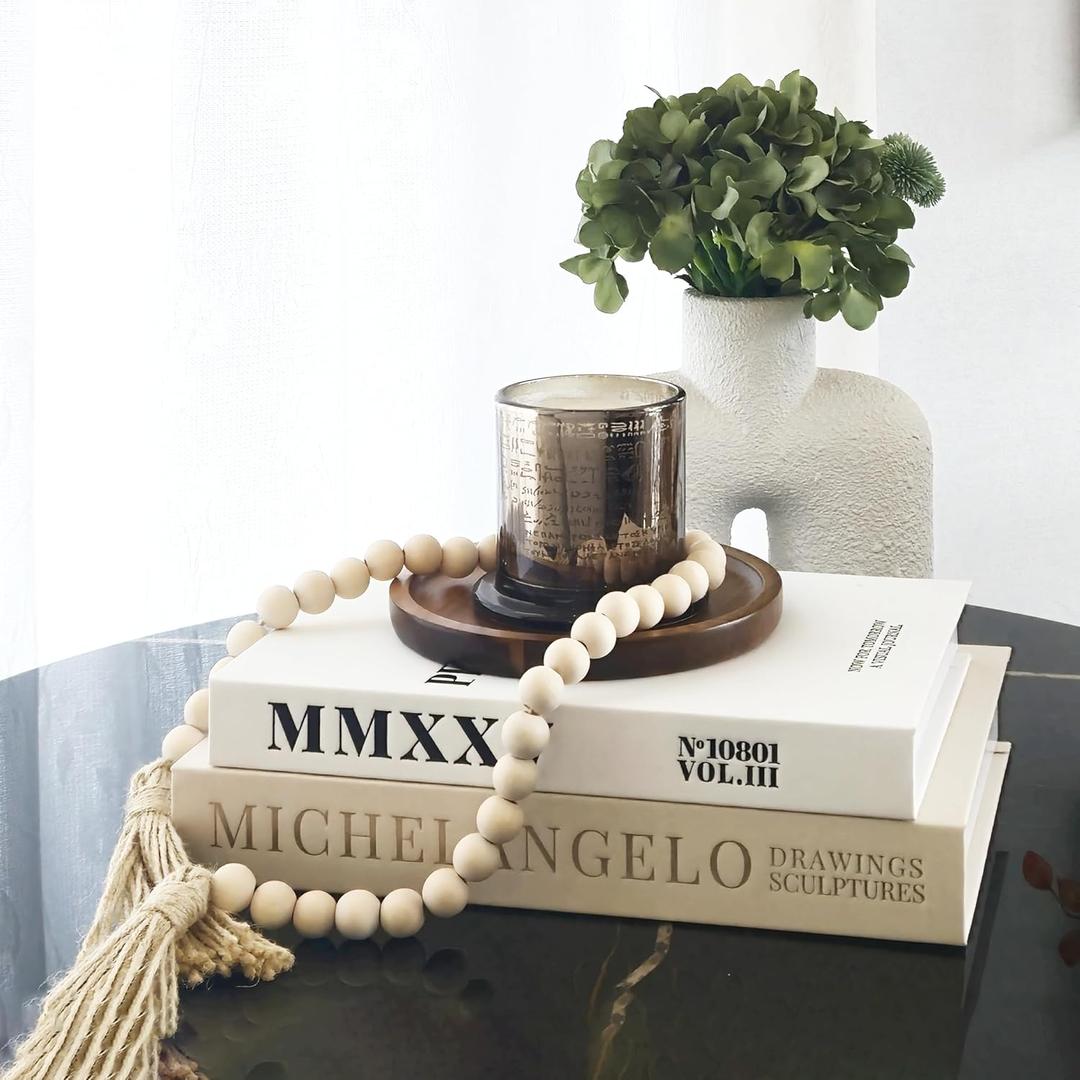 Chicooan 4-in-1 Decorative Books Set, Coffee Table Books Decor, 2 Linen Fake Book Boxes with Wood Tray, Bead Garland for Decoration, Bookshelf Boho Neutral Aesthetic Decor