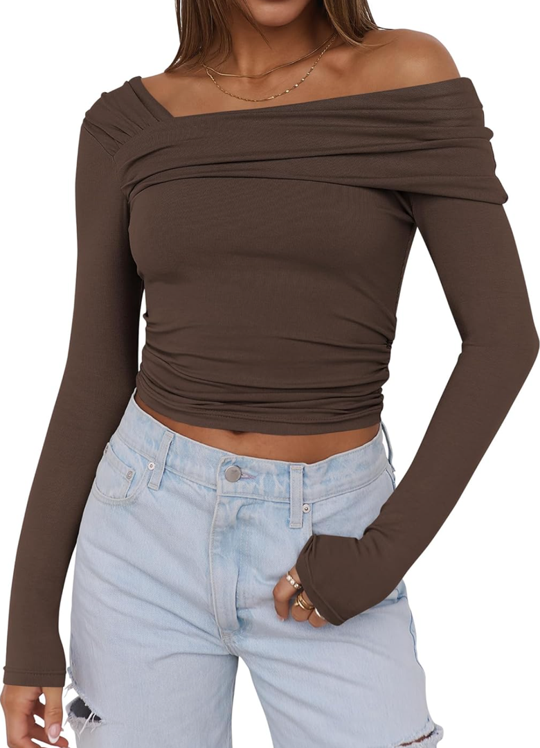 ANRABESS Womens One Off Shoulder Shirts Long Sleeve Going Out Crop Tops Ruched Tight Casual Blouse 2025 Trendy S, Brows