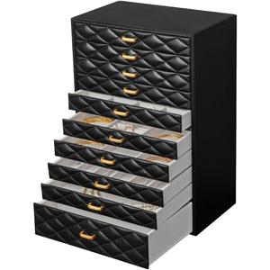FEIYAN Extra Large Jewelery Box, 10-Layer Storage Case, Faux Leather Organizer with Drawers, Velvet Lining, Scandinavian Nordic Style (BLACK)
