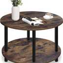 Small Round Coffee Table for Small Space, 23.5" 2-Tier Rustic Brown Wooden Coffee Table with Open Storage for Living Room/Balcony/Office, Metal Legs, Easy to Assemble