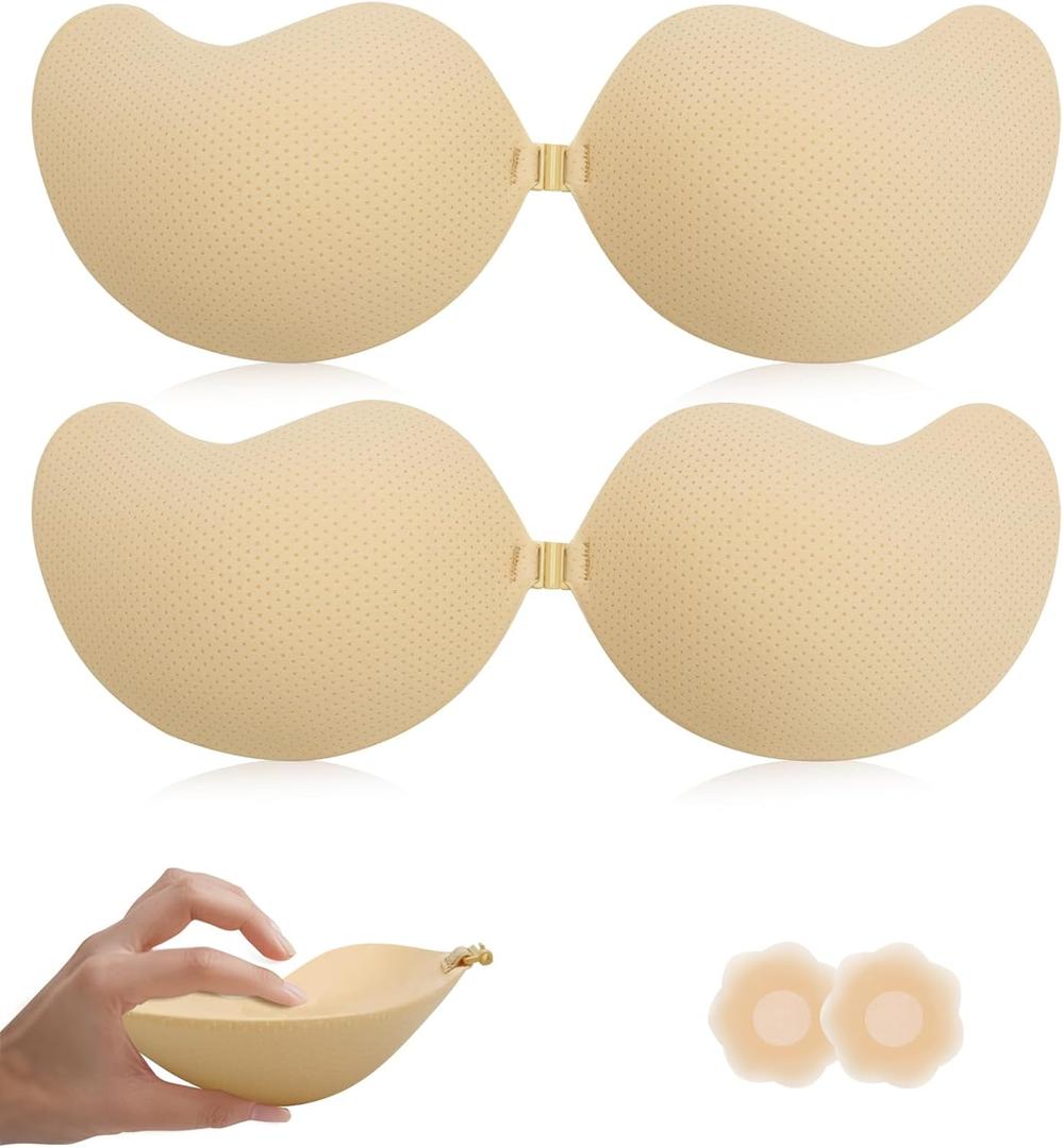 Backless Strapless Bra for Push Up, 2 Pairs Thick Padded Adhesive Invisible Sticky for Women and Wedding Dress (Beige)