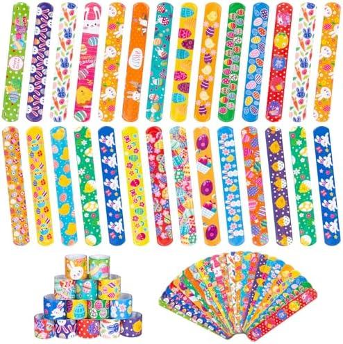 RICEDUO 48 Pieces Easter Day Slap Bracelet for Kids, 24 Styles Colorful Easter Slap Wristbands Bulk for Kids Party Favors Supplies Classroom Prizes Exchange Gifts,Set Of 4