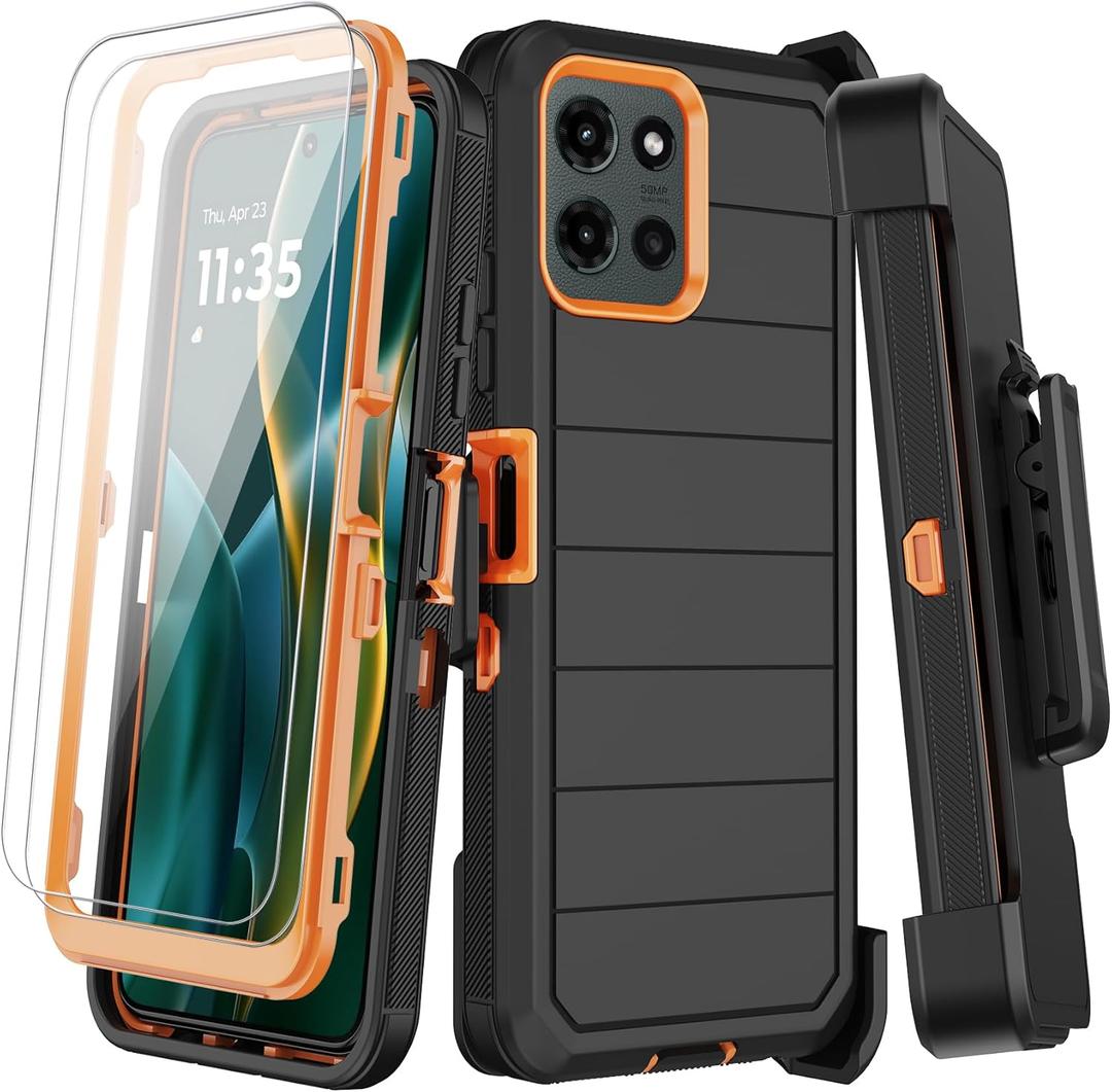 for Motorola Moto G 5G 2025 Case with Belt Clip Holster, 2X Screen Protector, Heavy Duty Shockproof Drop Protection Military Grade Rugged Full Body Phone Cover with Kickstand (Black Orange)