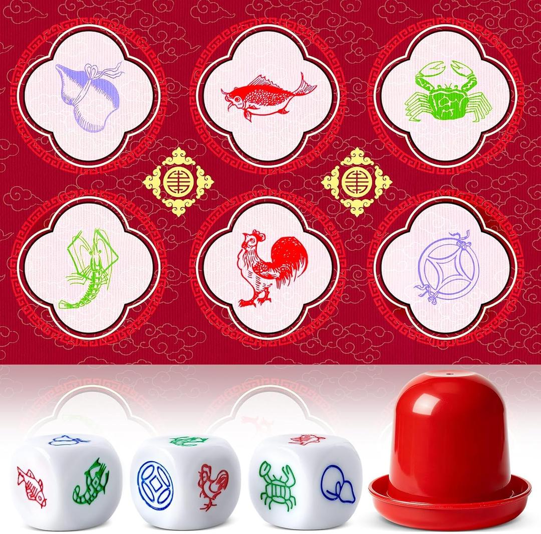 BAU Cua Ca Cop Game Set, Vietnamese Lunar New Year Dice Game with Mat, 3 BAU Cua Dice and Shaker Cup, Fish Crab Prawn Game for Holiday Parties and Cultural Celebrations