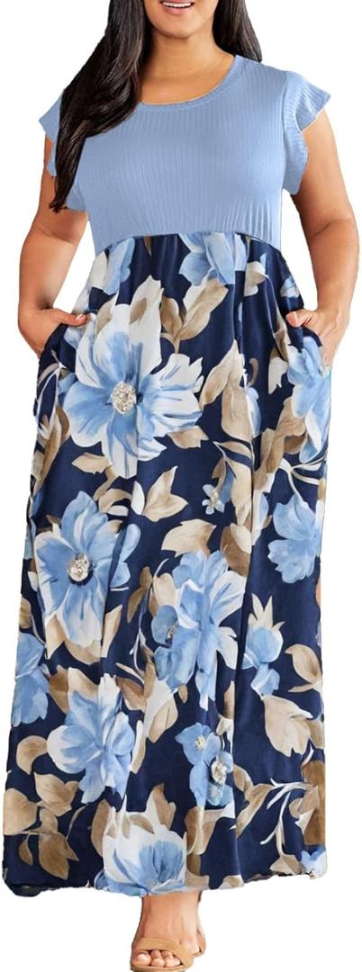Eytino Women Plus Size Sundress Crewneck Ruffle Sleeve Boho Floral Print Maxi Long Dress with Pocket,3X Sky Blue