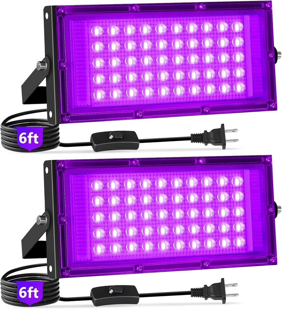 50W Black Lights with Switch+Plug, IP66 Waterproof, LED Blacklight Flood Light for Glow Party, Halloween, Bedroom, Poster, Body Paint, 2 Pack