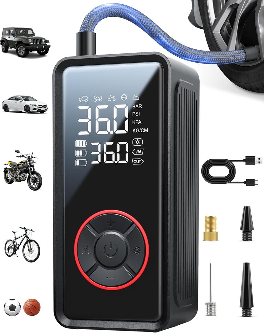 Powools Tire Inflator Portable Air Compressor - 3X Faster Inflation Air Pump with LED Light, Auto Shut-Off Tire Pump with 4 Nozzles for Car, Motorcycle, Bicycle, Ball, Black
