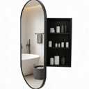 Brushed Black Metal Medicine Cabinet Oval-Design,Bathroom Mirror with Storage, Recessed or Surface Mounted, 2 Adjustable Metal Shelves (Brushed Black, 20x32)