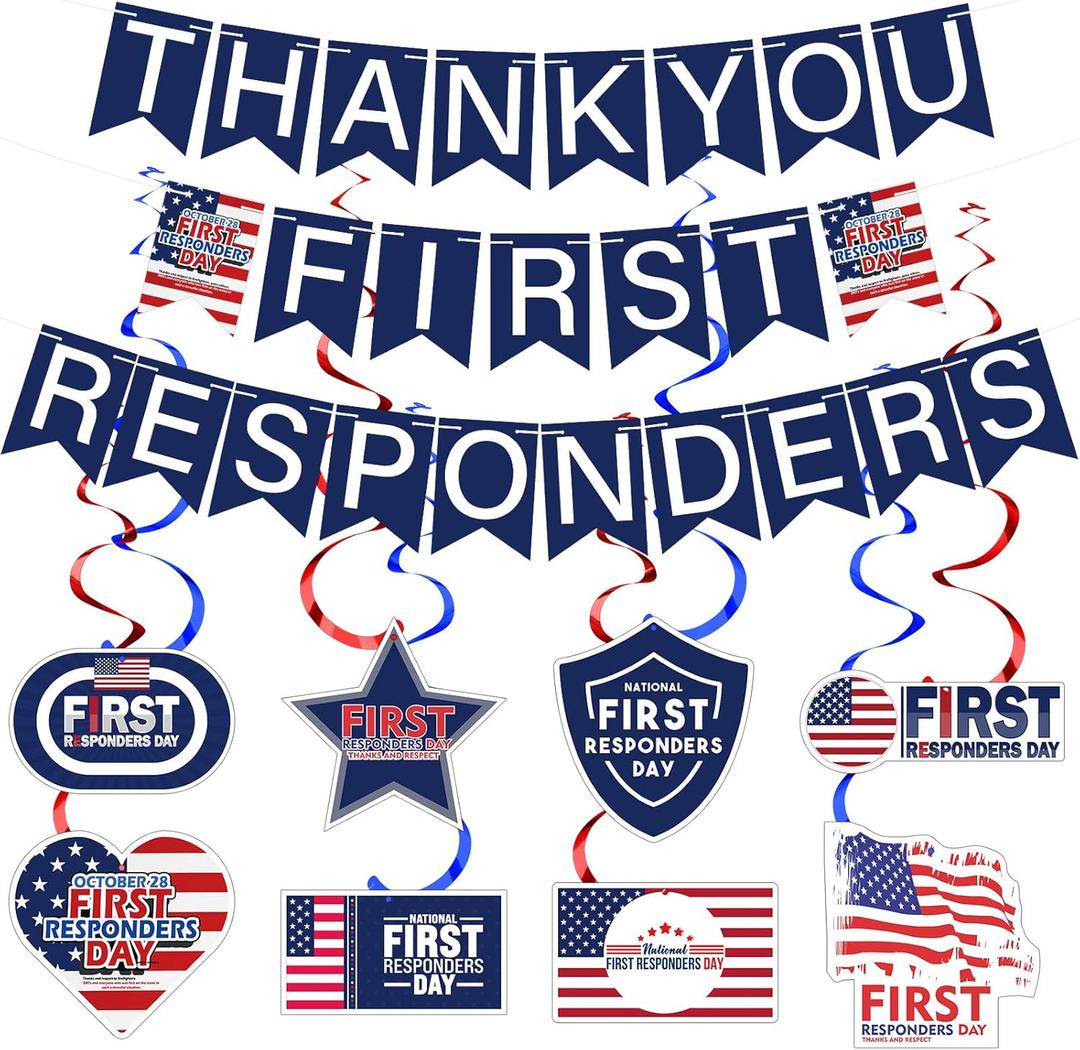 35 Pcs National First Responders Day Banner Thank You Week Decorations Red and Bule Hanging Swirls Wall Decor Holiday Celebrating Events for Festival Party Supplies