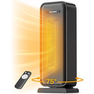 PELONIS Space Heater Indoor With 75 Oscillation & Remote, 16 Inch Portable With Thermostat & 12H Timer, Electric Room With Eco, Ceramic Desk for Bedroom Home Office, 1500W (16in Elite Black)